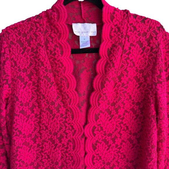 Susan Graver Style Red Lace Semi Sheer Scalloped Edge Open Front Cardigan M - Picture 7 of 9